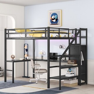 Full Loft Bed with L-Shaped Desk, USB, Wardrobe & LED Lights