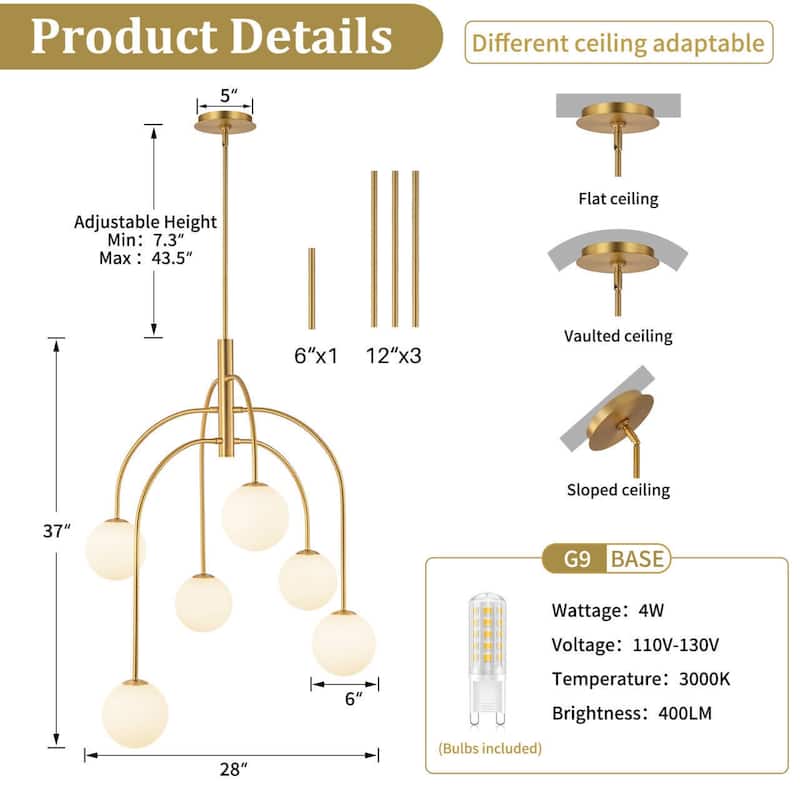 4/6-Light Glass Bubble Dimmable Sputnik Modern Linear Chandelier
