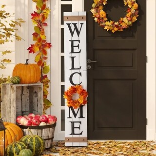 Glitzhome 60"H Wooden Welcome Porch Sign with 4 Changeable Floral Wreaths