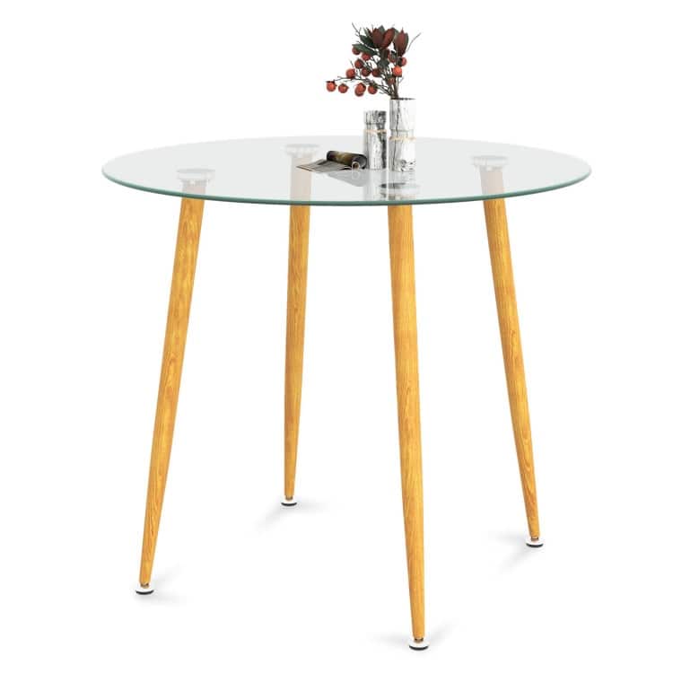 Round Glass Dining Table Leisure Coffee Table with Metal Legs-Natural - 35.5" x 35.5" x 30" (L x W x H)