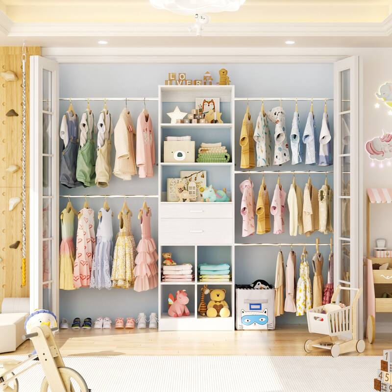 66''-100'' Walk-in Closet Organizer with 5 Hanging Rods and 2 Wooden Drawers，4-8FT Sturdy Closet System with Storage Shelves