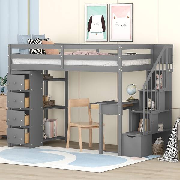 slide 2 of 27, Wooden Twin Size Loft Bed with Desk,Storage Stairs,Drawers and Shelves Gray - Twin