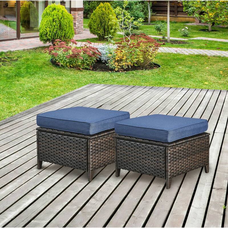Gymojoy 2 Piece Outdoor Ottoman Wicker Patio Ottomans - Brown/Blue