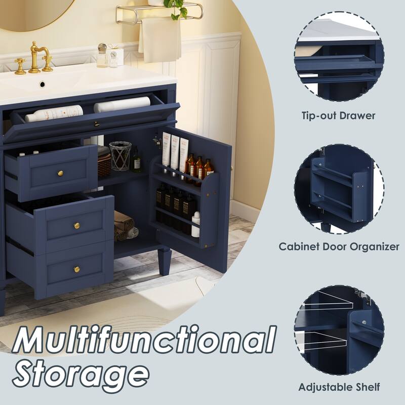 Modern Single Sink Bathroom Vanity Cabinet with Door Rack, Tip-out Drawer, 2 Pull-out Drawers, Metal Knobs and Adjustable Shelf