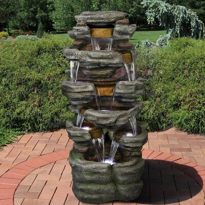 47.2'' Tall Outdoor Water Fountain with Lights, Rock Waterfall