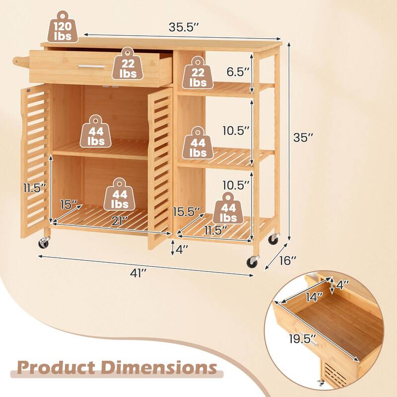 Costway 35.5" Kitchen Island Cartwith Lockable Wheels Drawer Open - Natural - See Details
