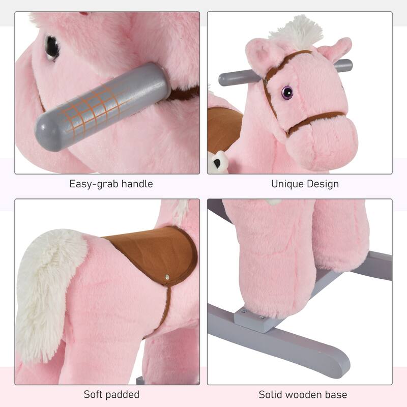 Kids Plush Ride-On Rocking Horse with Bear Toy, Children Chair with Soft Plush Toy & Fun Realistic Sounds, Pink