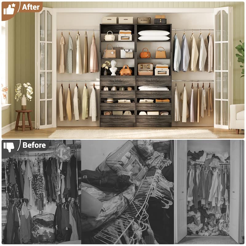 Qvella 95''-136'' W Closet System with 8 Wooden Drawers and 4 Hanging Rods, Walk-in Closet Organizer with 6 Storage Shelves
