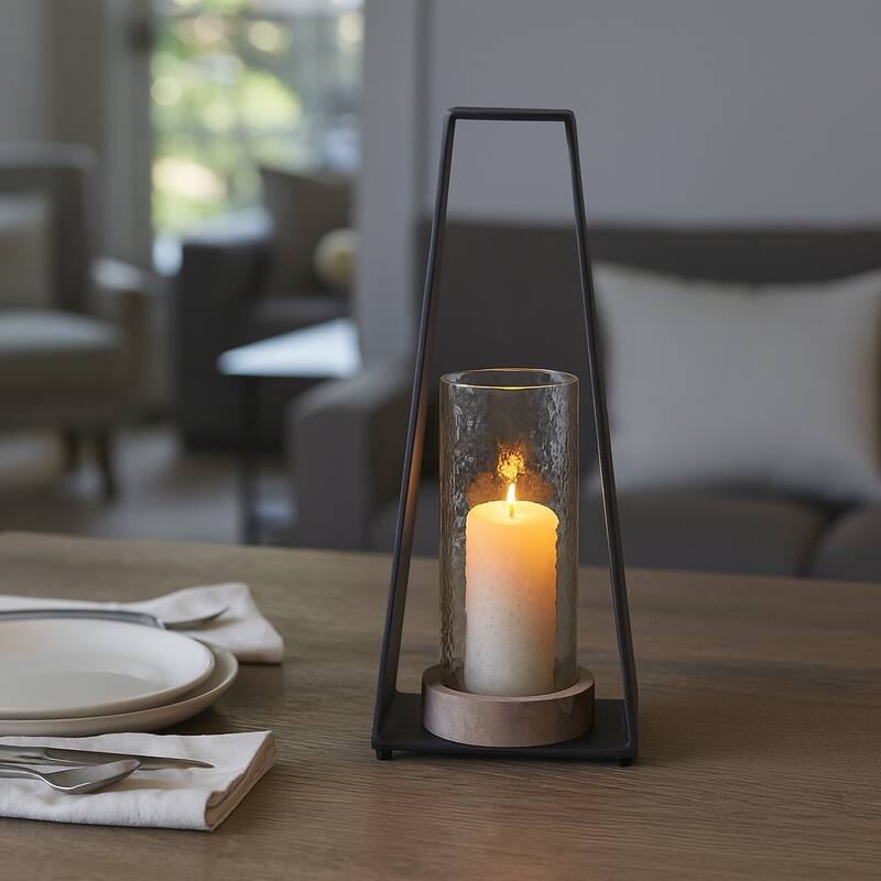 Candle Holder - Black Metal Glass Pillar Hurricane