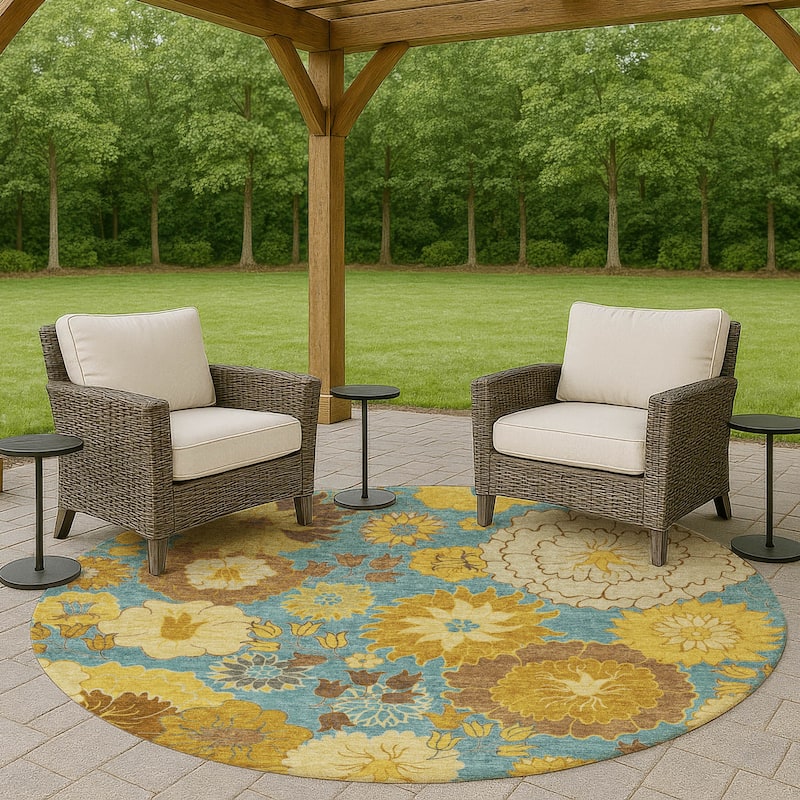 Machine Washable Indoor/ Outdoor Modern Floral Chantille Rug - Aqua - 8' x 8'