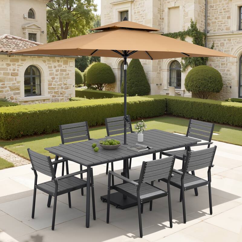 9-Piece Outdoor Dining Set Aluminum Table and 8 Stackable Chairs and 10 ft Umbrella with Base - Grey Table with Tan Umbrella