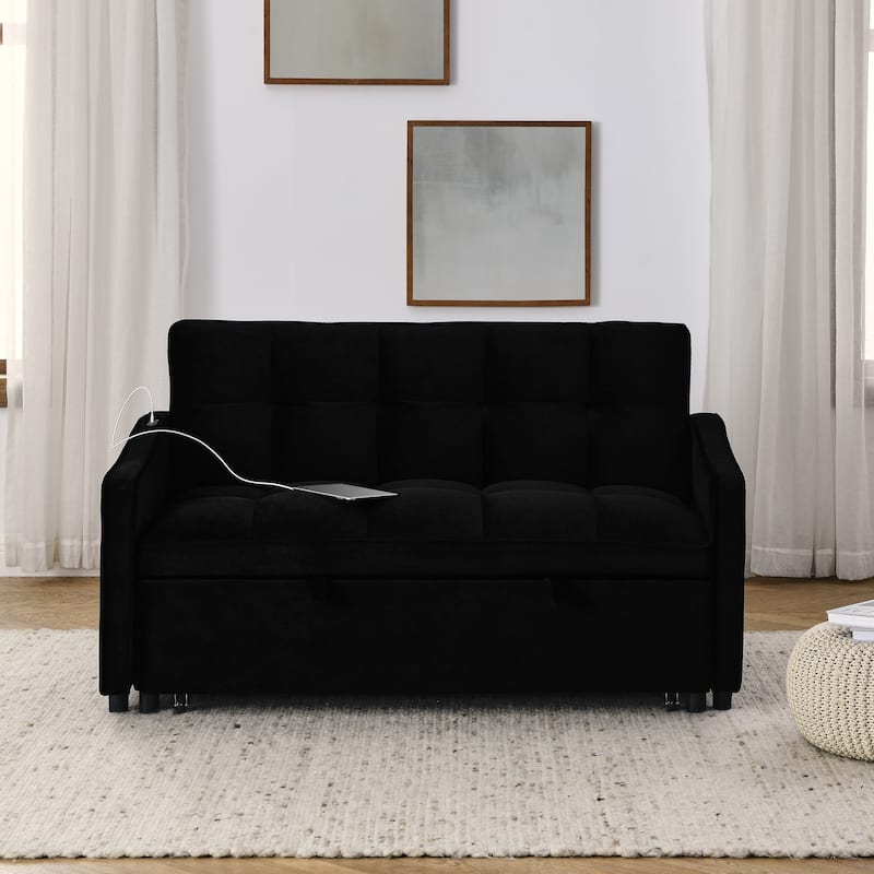 Modern Loveseat Sofa Bed With Pull-out Bed,TypeC and USB Charging - Black