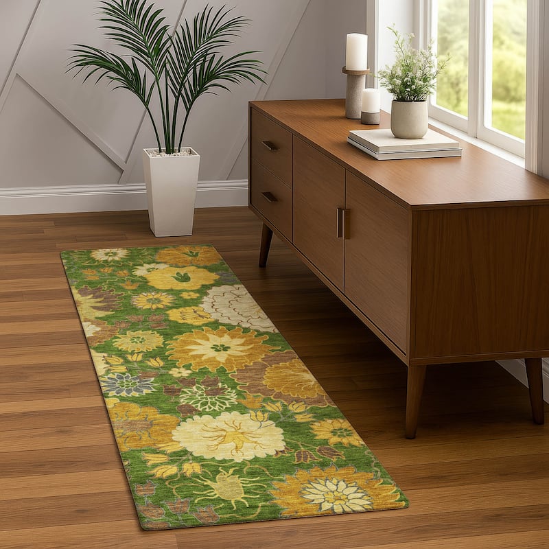 Machine Washable Indoor/ Outdoor Modern Floral Chantille Rug