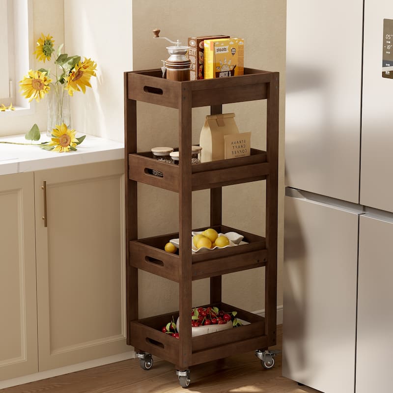 Slim Solid Wood Storage Cart, 4-Tier Kitchen Rolling Cart with Wheels - Walnut