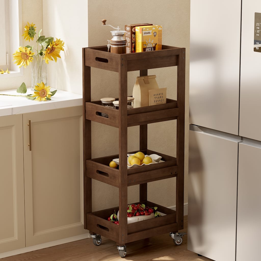 Slim Solid Wood Storage Cart, 4-Tier Kitchen Rolling Cart with Wheels