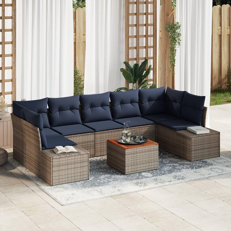 vidaXL 8 Garden Sofa Set with Cushions Black/Grey Poly Rattan - 113.8 x 60.6 x 27.2 - Grey