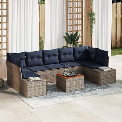vidaXL 8 Garden Sofa Set with Cushions Black/Grey Poly Rattan - 113.8 x 60.6 x 27.2