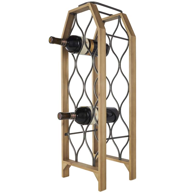 Wood Geometric 8 or 11 Slot Wine Rack with Gray Metal Curved Teardrop Holders - Brown - Roche River Decor - Brown - 10"W, 29"H