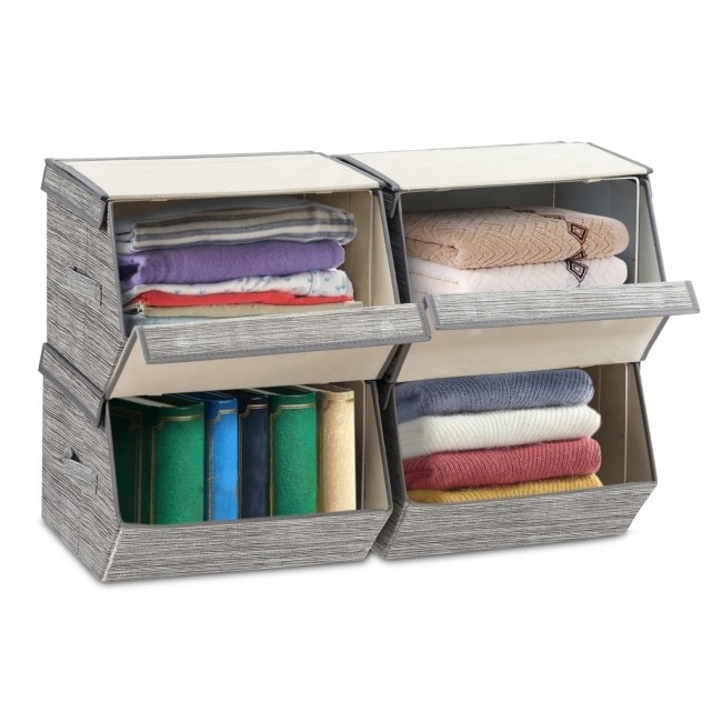 Costway Stackable Large Bins Cubes W/Lids Storage Organizers W/Linen&Oxford  Fabric 4 Sets