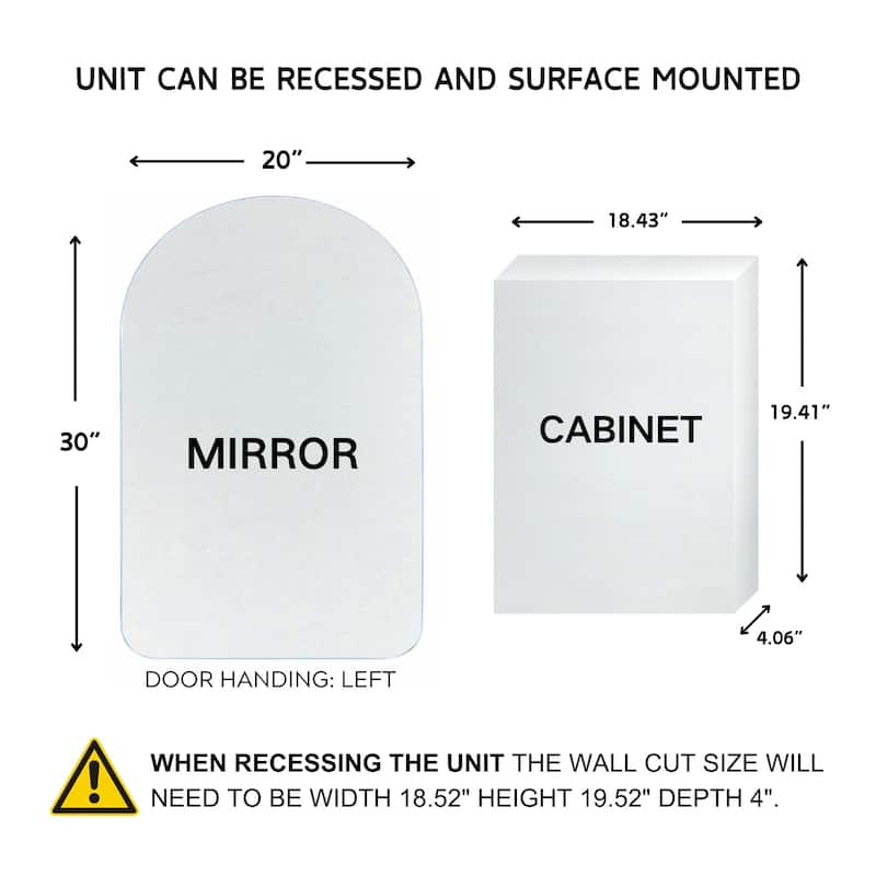TEHOME Surface and Recessed Mount Frameless Arched Bathroom Medicine Cabinet with Mirror