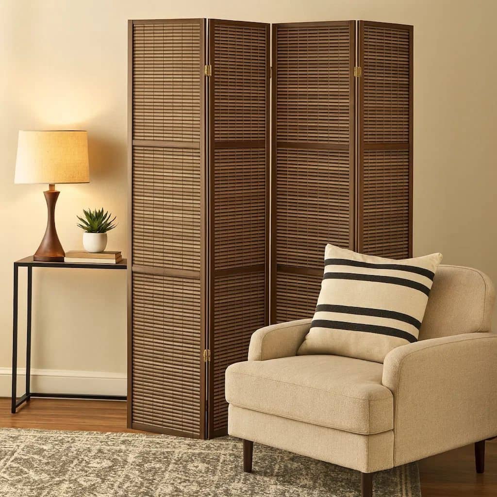Rown 4 Panel Foldable Privacy Screen, Bamboo, Brown Pine Wood 70 Inch