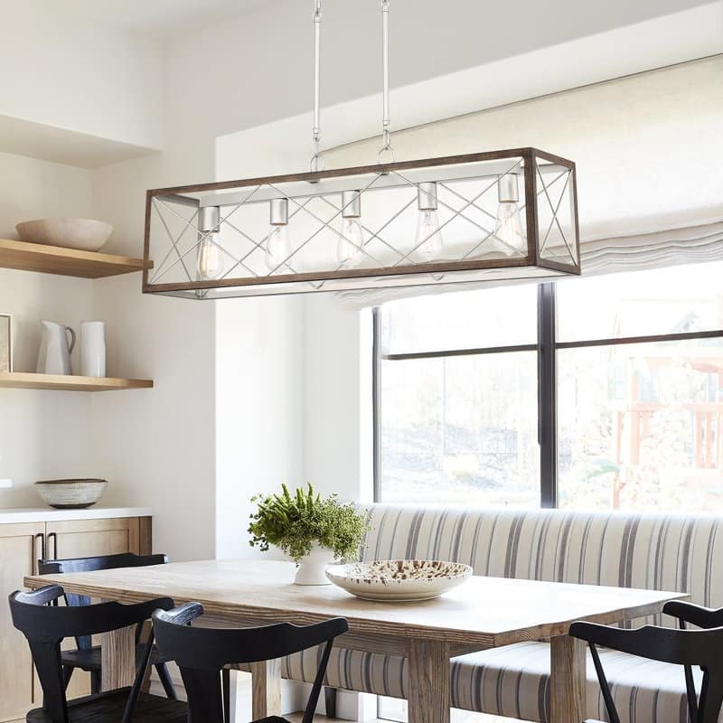 Kiro 5-light Farmhouse Linear Chandelier Faux Wood Dining Lighting with UL Certified - 36'' - Weathered Walnut/Nickel Dust