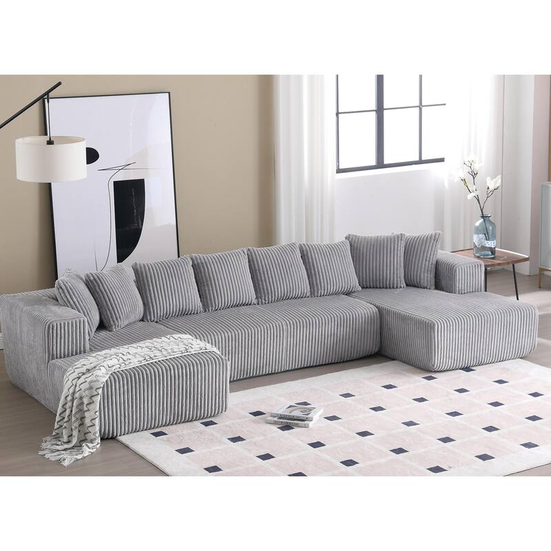 133.45'' Modular U-shaped Sectional Couch, 4 Seater, Striped Corduroy, Gray