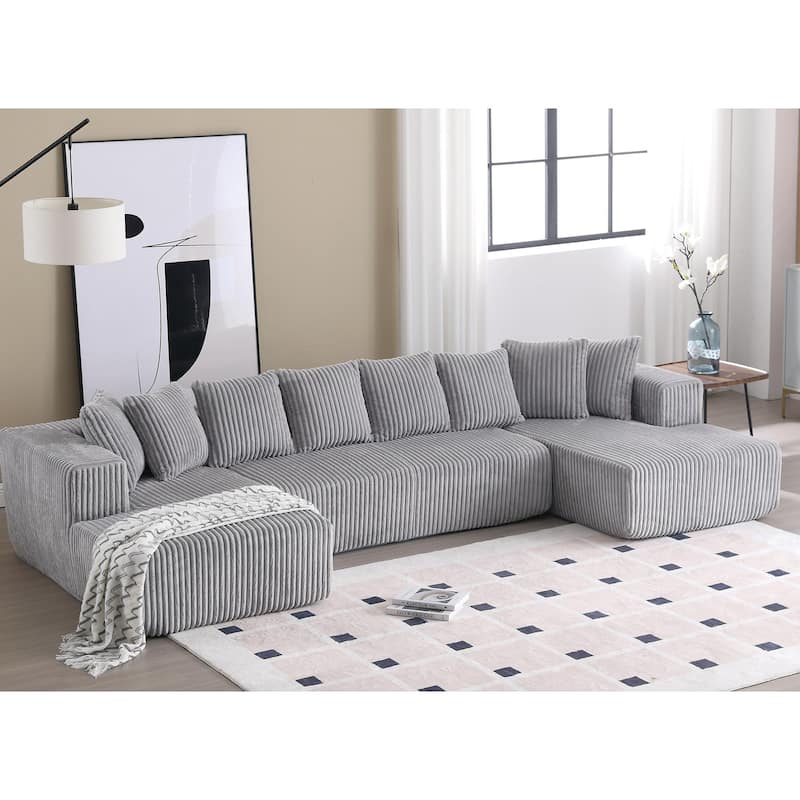 Large U-Shaped Sectional Couch with Chaise Lounge, Striped Corduroy Upholstery, Gray