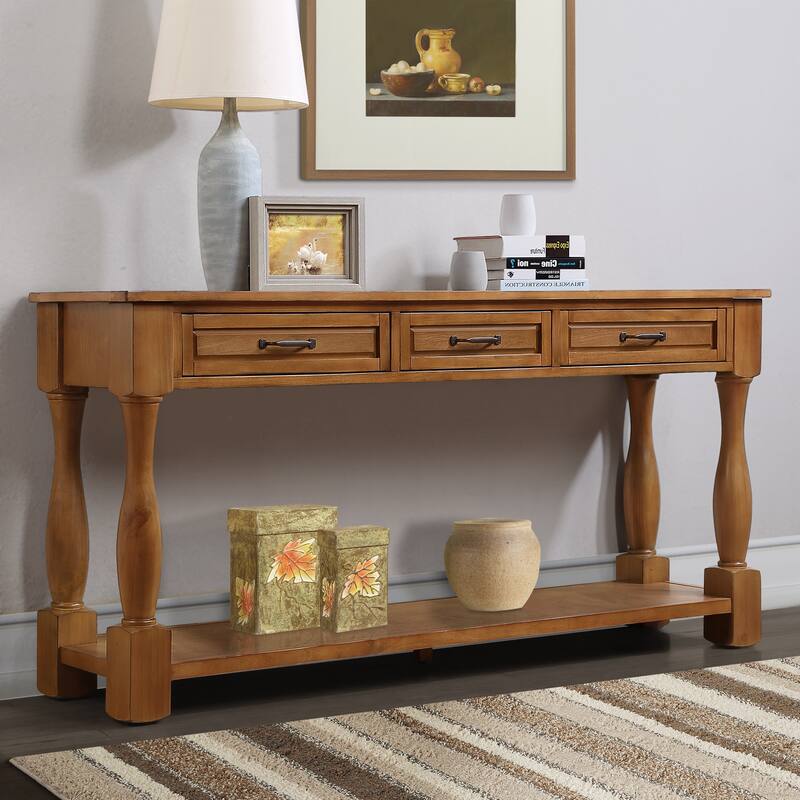 Solid Wood Console Table with 3 Drawers and Bottom Shelf