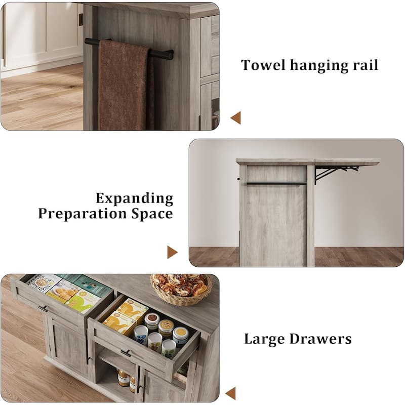 Kitchen Island, Rolling Kitchen Island Cart On Wheels With Widen Drop Leaf Top, 2 Glass Doors, Spice Rack & Towel Holder