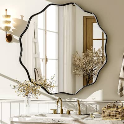 Round Wavy Bathroom Mirror Deep Frame Decorative Mirror Wall-Mounted