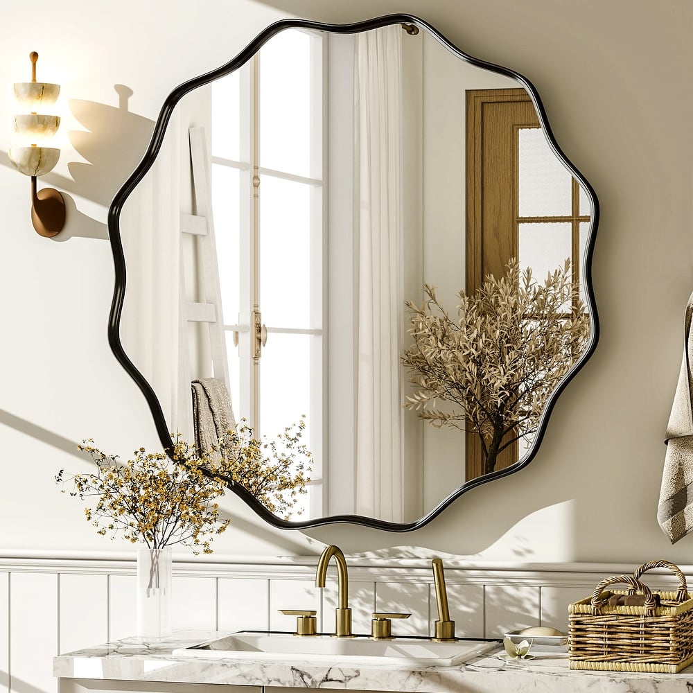 Round Wavy Bathroom Mirror Deep Frame Decorative Mirror Wall-Mounted