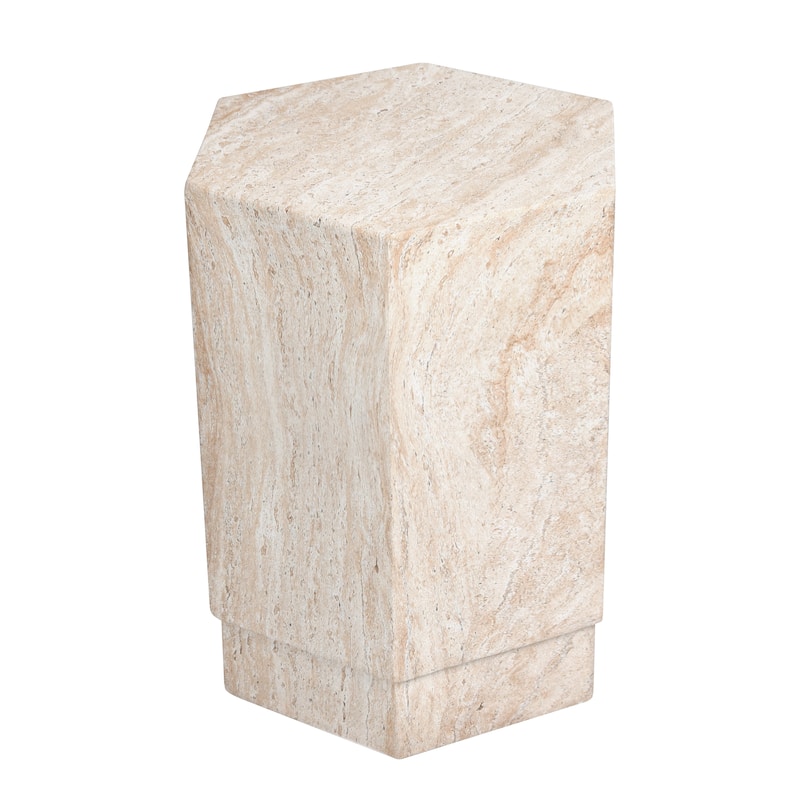 Hexagonal Travertine Stone Finish Italian Design MgO Side Accent Table - 14.6"x14.6"x18.1"