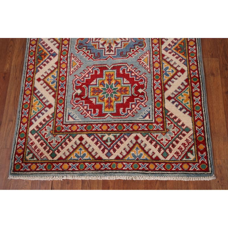 Geometric Kazak Oriental Runner Rug Hallway Hand-Knotted Wool Carpet - 2'8" x 9'4"