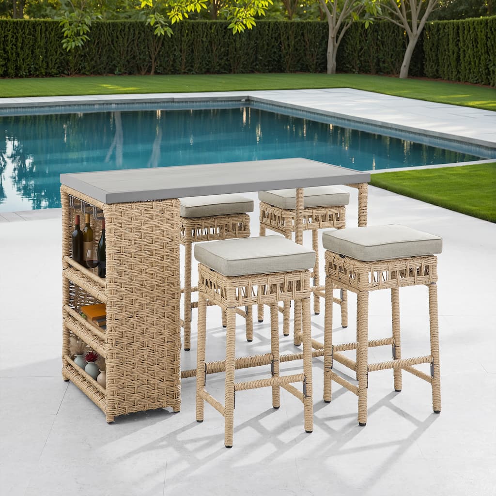Corvus Kabul 5-piece Outdoor Bar Set with Cushioned Stools and Storage Shelf