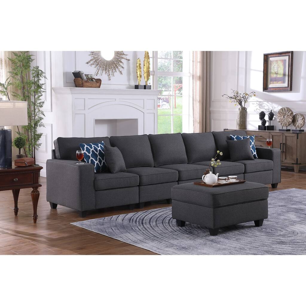 Linen Upholstered 5-Seater Sofa with Ottoman in Dark Gray