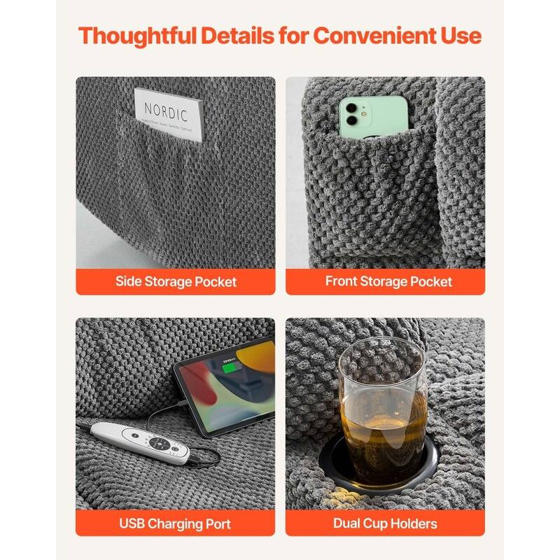 Grey Corduroy Recliner Loveseat with Vibration Massage, Lumbar Heat and USB Ports - 63 x 37 x 42.9 in