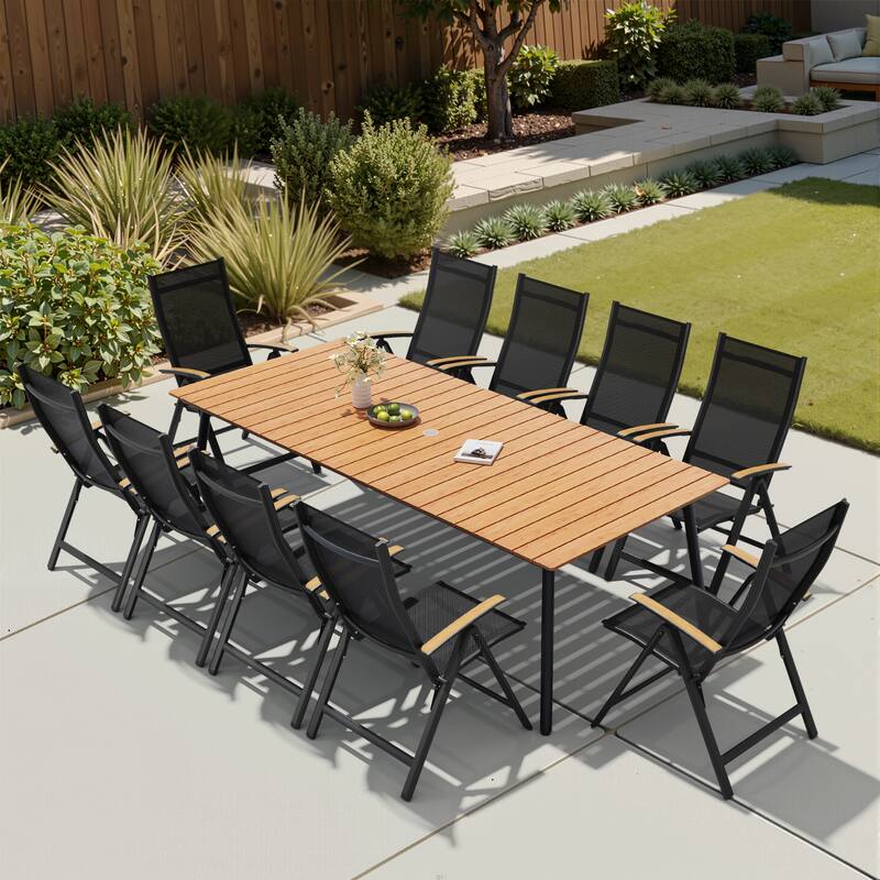 11-Piece Outdoor Patio Dining Set WPC Table Top Alumium Umbrella Hole Table with Folding Teak Armrest Chairs