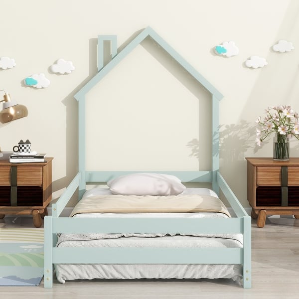 slide 2 of 9, Twin Size Montessori Floor Bed with Fences, Modern Twin Kids Bed with House-shaped Headboard, Wood Twin Bed Frame for Girls,Boys Light Green - Twin