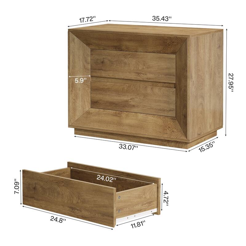 35.4" W Nightstand, Oak Large Night Stand with 2 Drawers
