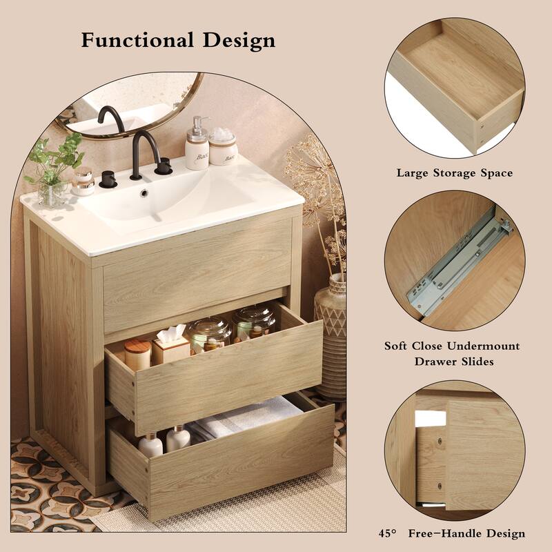 30" Vanity with Sink and 2 Full-Extension Drawers,Freestanding Vanity with 45°,Soft Close Undermount Drawer Slides