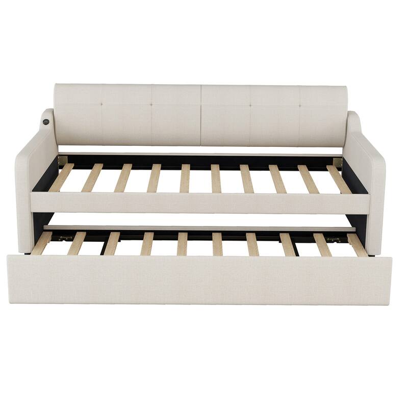 Twin Size Upholstered Daybed with Trundle and USB Charging, Beige
