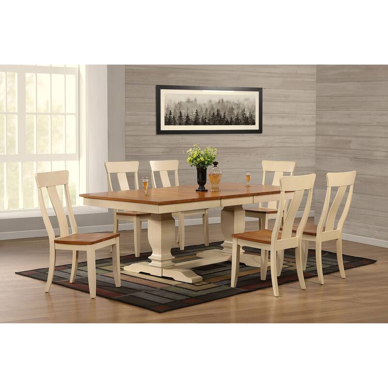 Double Transitional Pedestal In Antique Caramel Biscotti Panel Back 7-Piece Dining Set