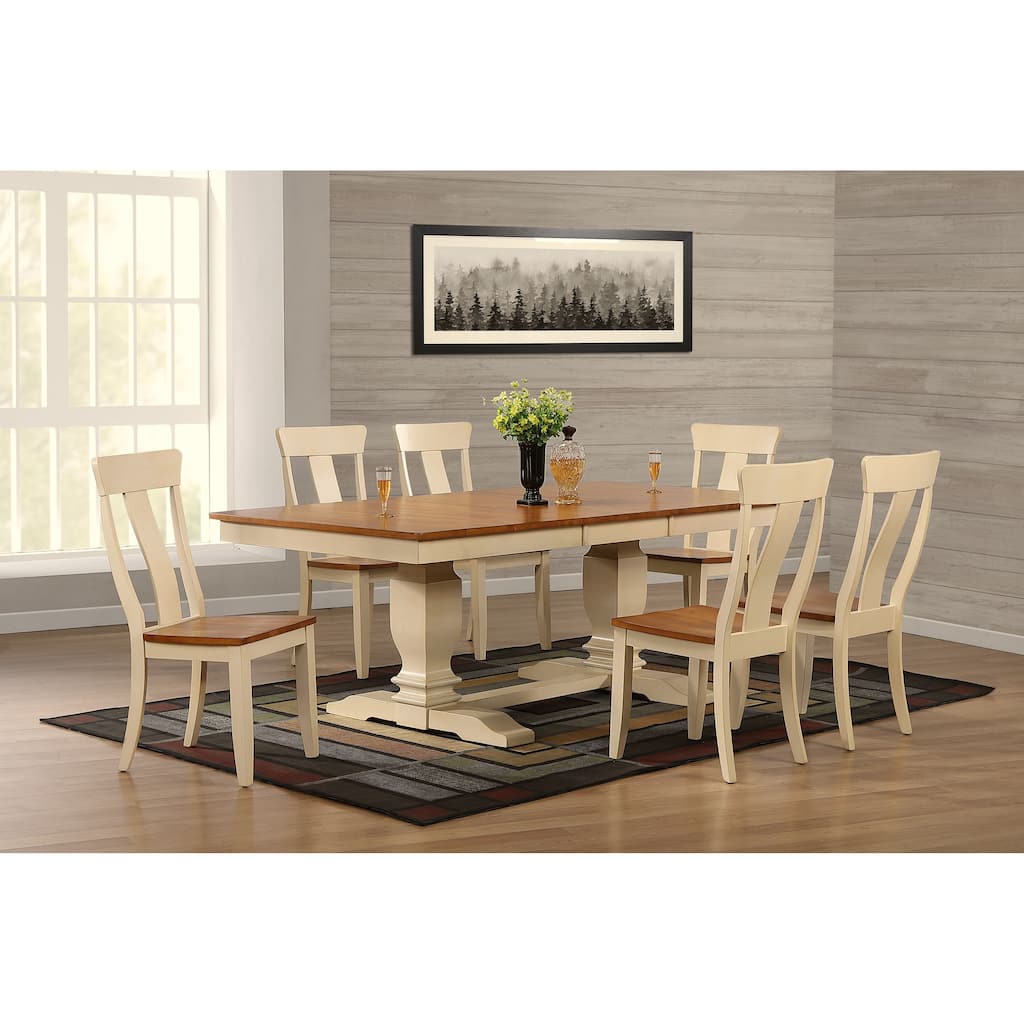 Double Transitional Pedestal In Antique Caramel Biscotti Panel Back 7-Piece Dining Set