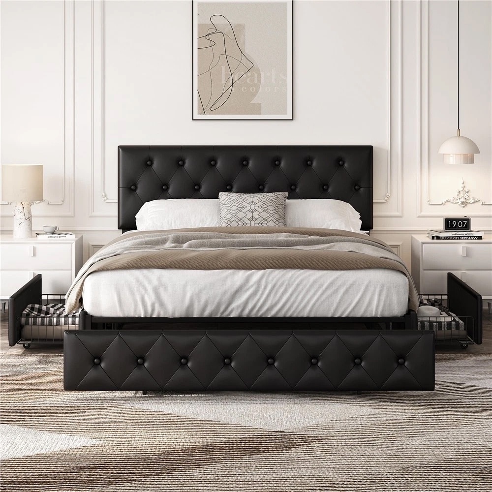 Queen Upholstered Bed Frame Button-Tufted Headboard 3 Drawers Storage