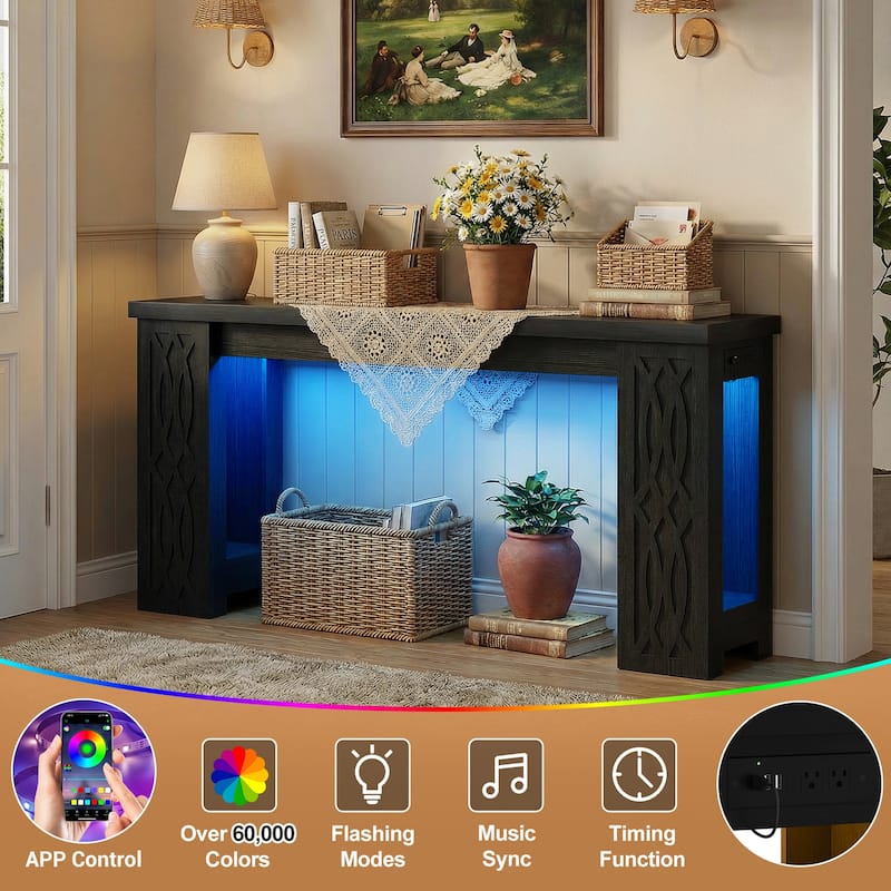 63" Farmhouse Console Table with RGB LED Lights ＆ Power Outlets, Unique Carved Design Entryway Table, Wooden Sofa Table