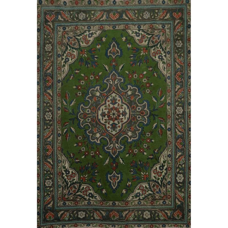Hand Knotted Oriental 100% Wool Carpet Traditional Floral Green Tabriz Area Rug - 6' 1'' X 4' 8''