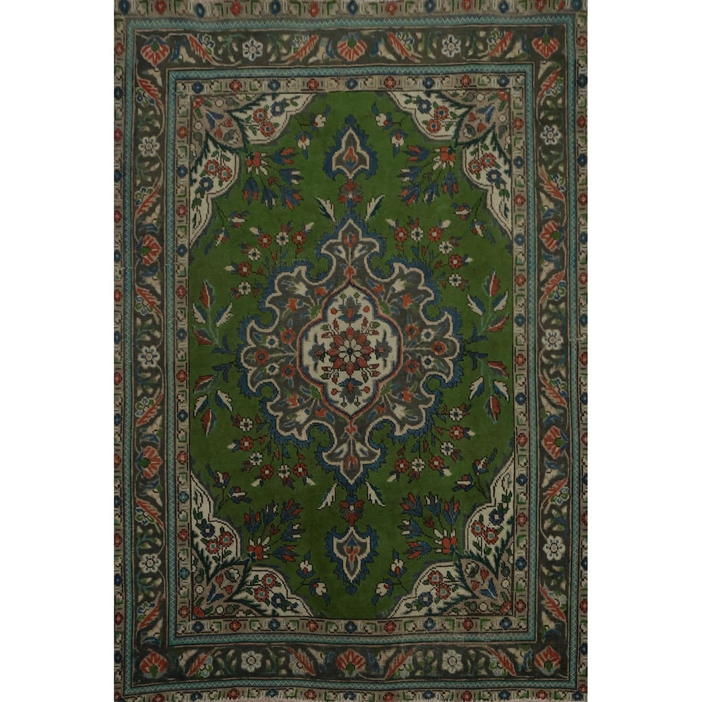 Hand Knotted Oriental 100% Wool Carpet Traditional Floral Green Tabriz Area Rug - 6' 1'' X 4' 8''