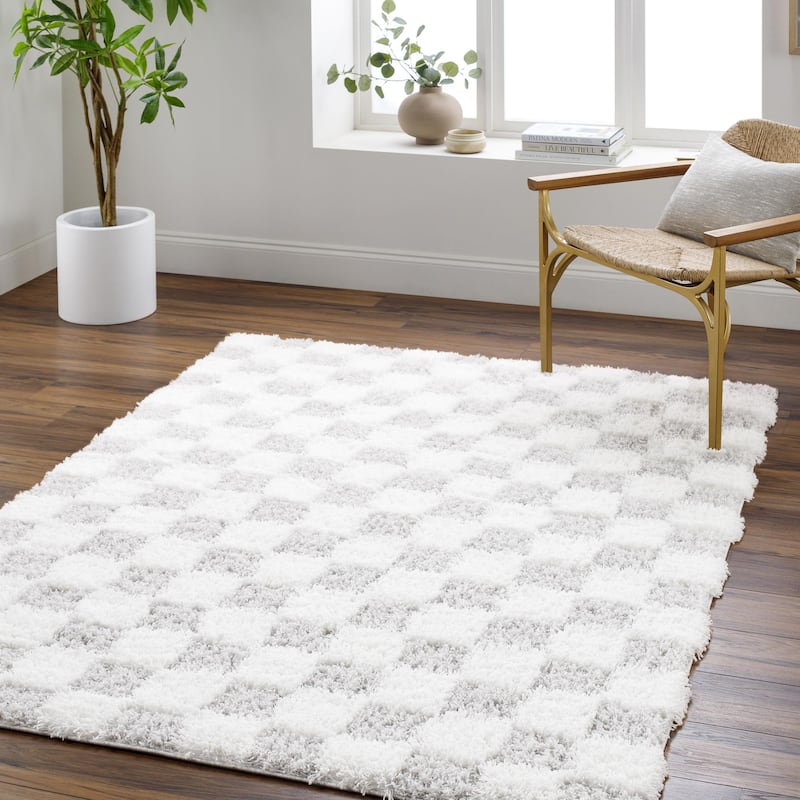 Livabliss Sibari Modern Checkered Plush Area Rug - 2' 7" x 7' 3" - Cream/Light Gray