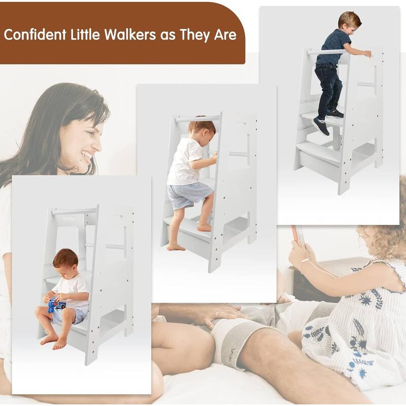 Toddler Standing Tower Kitchen Step Stool Adjustable Height Learning Stool,Helper Removable Anti-Drop Safety Rail Stool